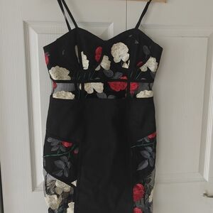 AKIRA Black Dress with Red and Cream Floral Embroidery